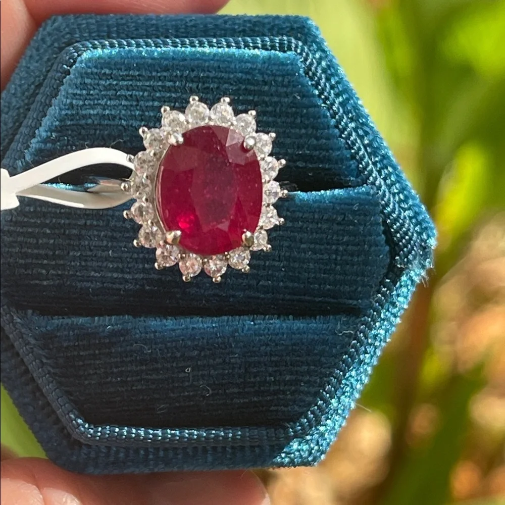 NWT Mozambique Natural Ruby Oval 11x9mm & CZ Accents in 925 Silver RingSize 6.5